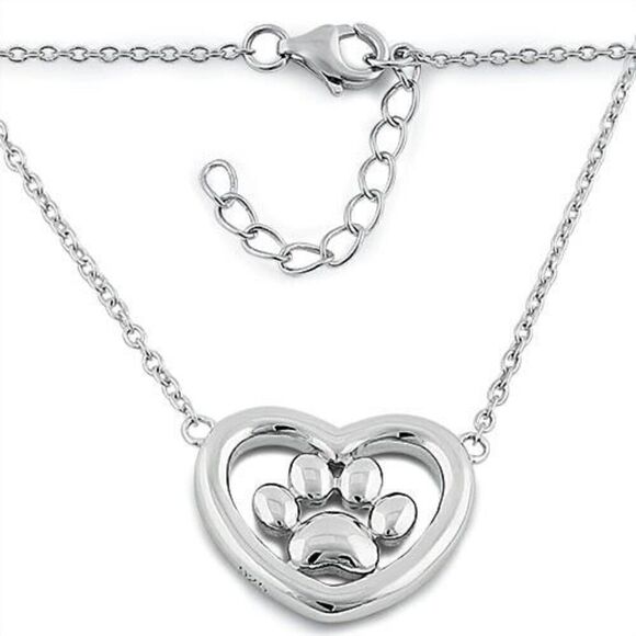 Sterling Silver Heart Paw Necklace New - Picture 2 of 4